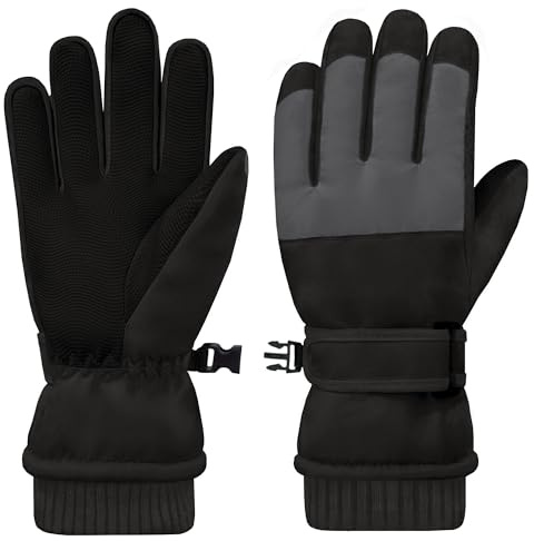 lifwimner Guantes de Esquí Niños, Guantes Invierno Impermeable, Guant Cálido de Polar para Snowboard Deporte Aire Libre (Negro, Large)