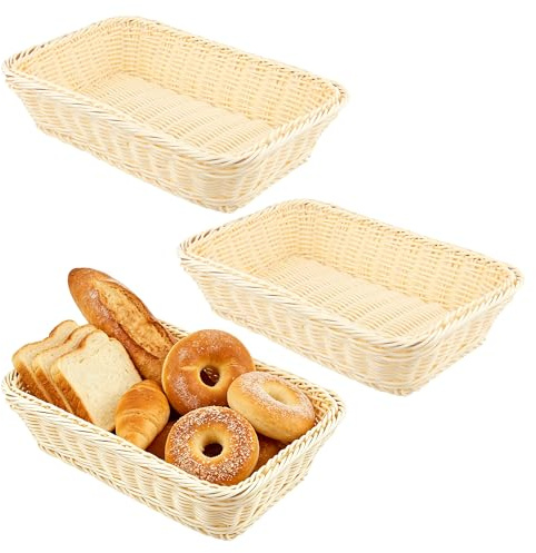 CHIHEUNG 3 cestini rettangolari per pane intrecciati, in plastica, 30 x 20 x 7 cm, in vimini effetto rattan, per verdure, pane, dolci, snack e patatine