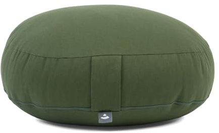 Bodhi Meditationskissen Rondo ECO extra flach | Bodenkissen mit Bio Dinkelfüllung | Bezug aus 100% Baumwolle | Yogakissen mit 15,5 cm Sitzhöhe | Waschbarer Bezug mit Trageschlaufe | Waldgrün