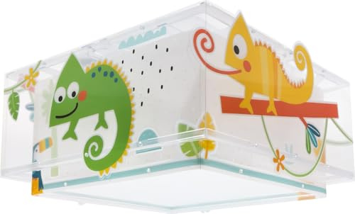 Dalber Deckenlampe Kinderzimmer, Kinder Deckenleuchte, Jungenzimmerlampe, Kinderlampe, Happy Jungle Chamäleon Tiere Dschungel, 63316M, E27-2 x 15W