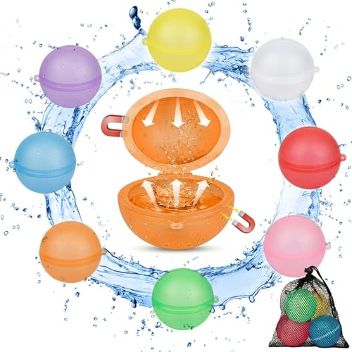 Wiederverwendbare Wasserbomben mit Netzbeutel, 8 Stück Silikon Wasserbomben Selbstschließend,Magnetisch für Kinder & Erwachsene, Wiederverwendba für Wasserspielzeug Pool Spielzeug Strandspielzeug