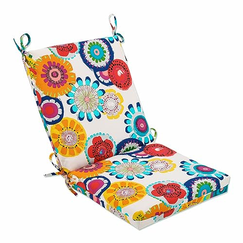 Pillow Perfect Bright Floral Indoor/Outdoor 1 Piece Solid Back Chair Cushion Set With Ties, 1 Count, 36.5 x 18, Blue/Ivory Crosby