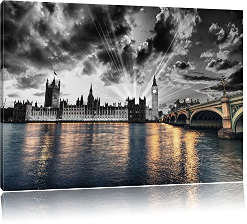 Pixxprint wunderschöne Westminster Abbey mit Big Ben B&W, Größe: 120x80cm, Leinwandbild, fertig gespannt, Wandbild, Dekoration, Kunstdruck, kein Poster