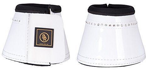 BR Glamour Lacquer - Campanas de saltar para caballos de color blanco con forro de neopreno grueso, brillante piel lacada, piedras de estrás, doble cierre de velcro, Blanco, large