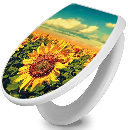 banjado Toilettendeckel mit Absenkautomatik 44,5x37cm / WC Brille Soft Close/hygienischer Toilettendeckel/Klodeckel Duroplast Edelstahl Scharniere einfache Montage/Motiv Sonnenblumen
