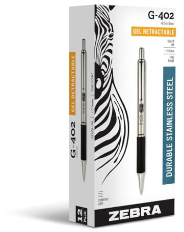 Zebra g-402 Edelstahl Retractable Gel Pen, Fine Point, 0,5 mm, schwarze Tinte 12 silber