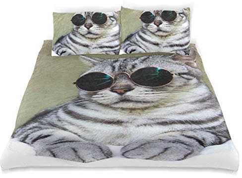 SUNOP Bettwaren & Bettwäsche, Bettlaken & Kissenbezüge, Spannbetttücher für Doppelbett, 100% gebürstete Baumwolle, Biber-Bettwäsche, Bettbezug und 2 Kissenbezüge, graue Katze