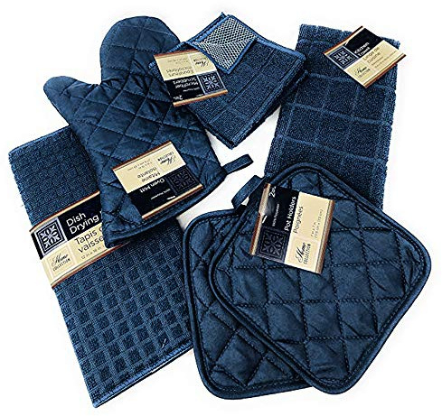 Kitchen Towel Set with 2 Quilted Pot Holders, Oven Mitt, Dish Towel, Dish Drying Mat, 2 Microfiber Scrubbing Dishcloths (Blue)