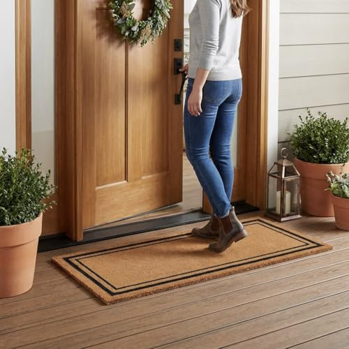 Kempf Black Border Coco Coir Doormat, 24 x 48, Non-Slip Backing, Heavy Duty Natural Fiber Front Door Welcome Entrance Mat, Low Clearance, Outdoor Indoor