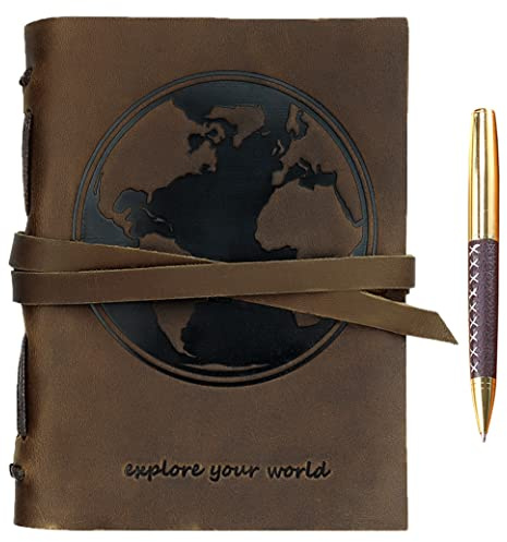 Leather Journal World Map Notebook Embossed Handmade Travel Diary, A5 Vintage Writing Bound for Men for Women Genuine Antique Rustic Leather 6x8 Engraved Paper Perfect for Notes Sketchbook + Pen