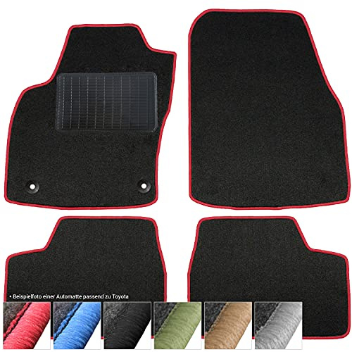 moto-MOLTICO Fußmatten Auto - Velours Autoteppiche | passend für Toyota Aygo I (2005-2014) - 4-teiliges Set - Schwarze Automatten mit Roten Ziernähten