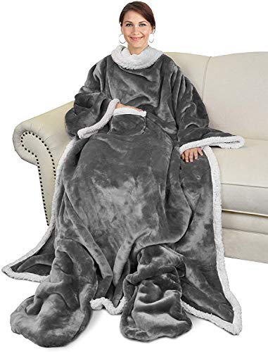 Catalonia Classy Wearable Sherpa Blanket with Sleeves and Foot Pocket, Soft Cosy Fleece Slankets for Women Warm Fluffy Plush Throws Winter TV Blanket for Sofa Couch 190 x 135 cm
