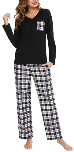 iClosam Pyjama Femme Long Coton Deux Pièces avec Pantalon à Carreaux | Pyjama Femme Hiver, Coton Doux, Respirabilité Naturelle, Haut Uni, Bas à Carreaux, Nuits Fraîches, Maison Et Repos