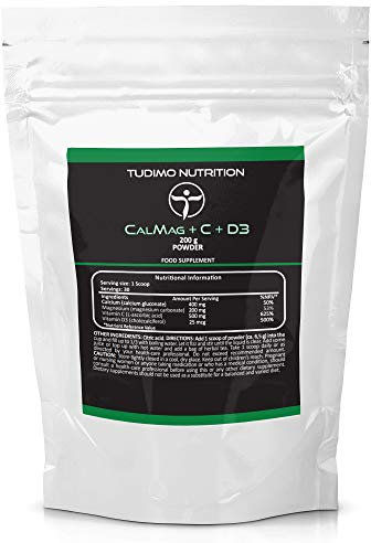 Calcium Magnesium Vitamin D Vitamin C Powder - Instant Pure Powder for Fizzy Drink 200g | Scoop Included | 400mg of Cal Gluconate, 200mg of Mag Carbonate, 500mg of VIT C and 25mcg of VIT D3