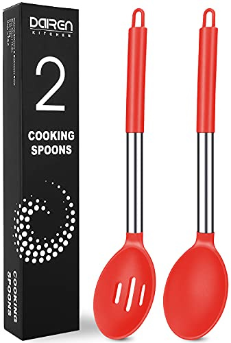 Pack of 2 Large Silicone Cooking Spoons, Non-Stick Stainless Steel Slotted and Solid Spoon Set for Serving, Mixing, Draining, Heat Resistant, Scratch Resistant and BPA Free Kitchen Scoops (Red)