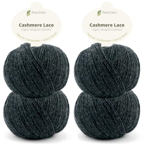 PASCUALI | Bio Cashmere Lace. Strickwolle aus 100% Kaschmirwolle Wolle zum Stricken und Häkeln, SET: 4 Knäuel - 100g - Farbe: Kohle 02
