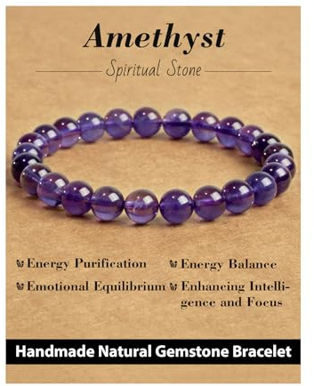 Landorilo Handgjorda äkta naturlig halvädelsten armband kvinnor 19 cm pärlarmband, 8 mm högpolerade runda ädelstenar yoga armband, pärlor helande kristaller kvarts, unisex chakra armband, Sten, Ametist