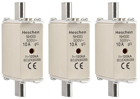 Heschen NH Sicherungseinsatz, Keramiksicherungen 10A, NH000, gG-Typ,Messerkontakt, Frontanzeige-Kombinationsdetektor, 3 Stück