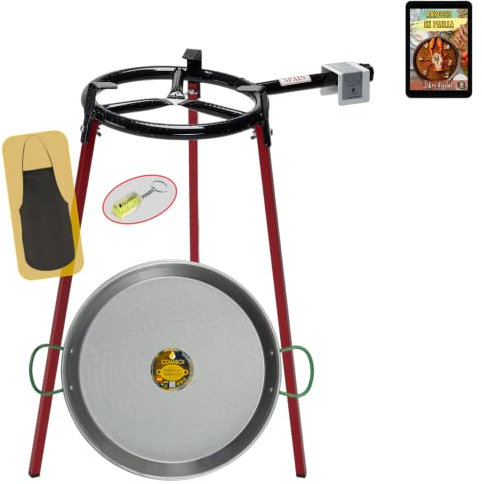 COMBOI Kit réchaud à paella gaz butane 30 cm, poêle à paella de 42 cm, support à 3 pieds, niveau, tablier, livre de recettes numérique