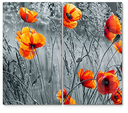 DEQORI Herdabdeckplatten Glas | 2er Set 60x52 cm | Motiv Rote Mohnblumen | Ceranfeld Abdeckplatten in Küche | Herd-Abdeckungen universal | Glasplatten & Schneidebretter für Kochplatte