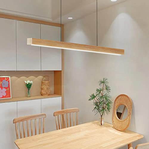 Bellastein LED Holz Pendelleuchte Moderne Dimmbare Linear Design Hängeleuchte mit Fernbedienung Esstisch Hängelampe Höhenverstellbar Esszimmer Büro Wohnzimmer Kronleuchter (‎Holzfarbe, L100cm)