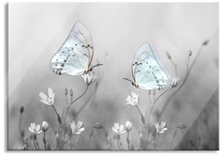 Pixxprint Glasbild, Wandbild aus Echtglas, Schmetterling auf kleinen Blumen, 80x60 cm, inkl. Aufhängung und Abstandshalter