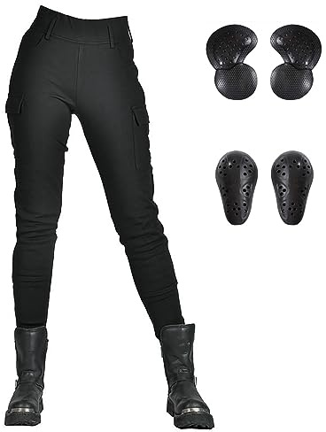 LOMENG Women Aramid Motorcycle Riding Pants Armored Motobike Leggings Jeans with CE Knee Hip Petite Style Slim Fit Adventure Black Pocket M