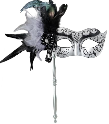 MYSEUNI 2024 New Masquerade Mask for Women with Stick - Shiny Women's Feather Mardi Gras Venetian Mask for Costume Accessory