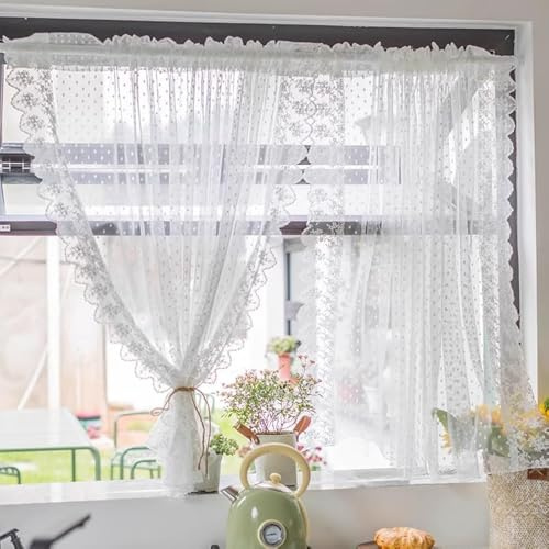 Yaland Garn Scheibengardine Romantischer Landhausstil Weißes Spitzen Blumenmuster transparente Gardine mit Tunnelzug in Küche, Wohnzummer 1 Stück Weiß HxB 120x140cm