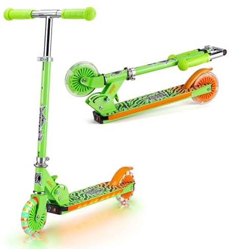 Xootz Wild Rider LED-Roller | Green Tiger Klappbarer Roller mit LED-Deck, grün und orange, für Kinder ab 5 Jahren