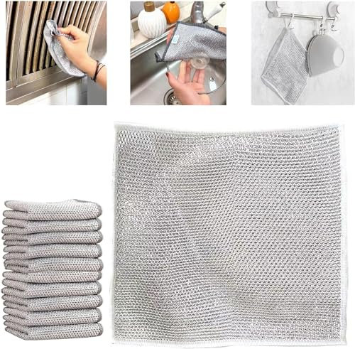 Lot de 10 chiffons de nettoyage multi-usages en fil de fer - Réutilisables - Pour la fonte et les casseroles - Pour nettoyage humide et sec - Pour la cuisine (10, une couche)