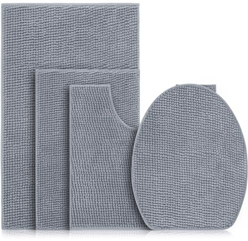 Timgle 4-teiliges Badezimmerteppich-Set mit WC-Deckelbezug, weiches Chenille-Badvorleger-Set, rutschfest, saugfähig, U-förmiger WC-Bodenteppich für Badezimmer, Schlafzimmer, Küche, maschinenwaschbar,