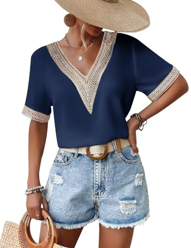 Yuson Girl Camisetas Manga Corta Mujer Camisas Elegantes Blusas Mujer Verano con Cuello en V Color Sólido Blusa de Gasa Suelto T-Shirt Casual Tops(Marino, XXL)