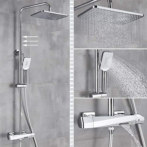Shower System Thermostat Bath Faucet Black Shower Faucet Rain Shower Head Wall Bath tub Mixer tap Thermostat-Controlled Shower Set Thermostatch Chrome-Round Tube_Chrome Decoration