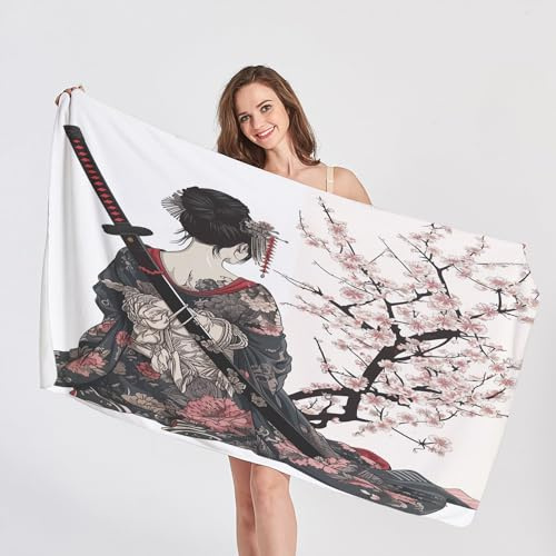 QEODAH Strandtuch Japanische Samurai - Badetuch Kirschblüten - Schnelltrocknend & Ultraleicht & Sandfreie Strandhandtuch, Weich Mikrofaser Handtuch, Badetücher 70x140, Pflegeleicht Handtücher