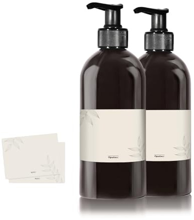 Oputec 2 x 500ml Seifenspender aus Kunststoff schwarz + Etiketten: Schwarze Shampoo Flaschen zum Befüllen als Duschgel Spender, Pumpspender, Pumpflasche - Behälter zum Befüllen für Küche Badezimmer