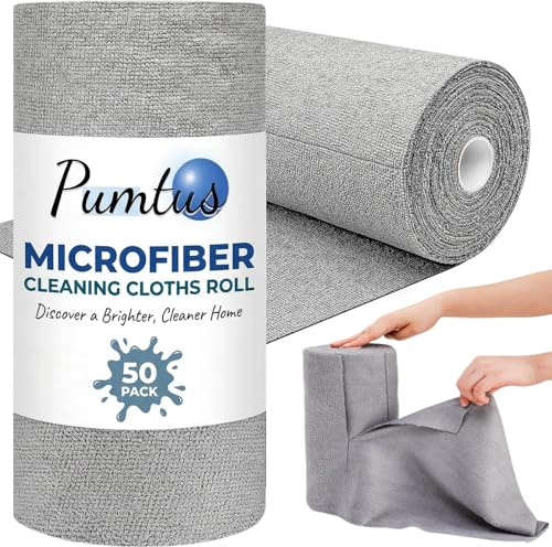 Pumtus Paquete de 50 rollos de paños de limpieza de microfibra, toallas reutilizables de 12 x 12 pulgadas, trapos absorbentes multiusos, paño de limpieza sin pelusas, trapos lavables para coche, baño,