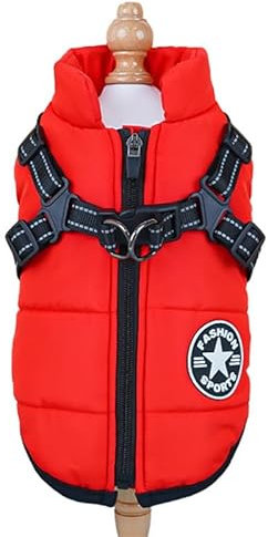 SWZEC Tierbedarf-Plus Wind- und wasserdichte Hundejacke mit integriertem Geschirr (S,Rot)
