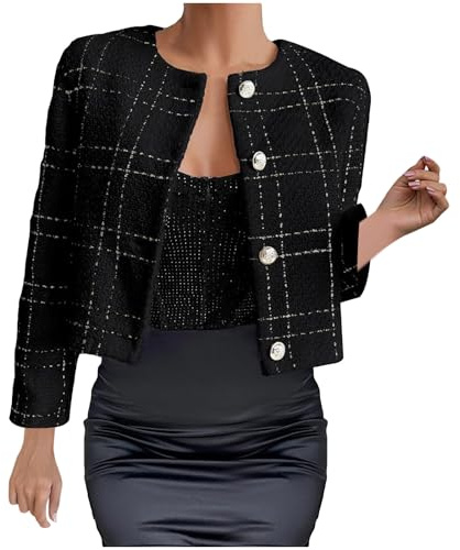 Klijuiaup Blazer court en tweed pour femme - Col rond - Boutonnage simple - Automne et hiver - Pour le travail et le bureau, Noir , 40