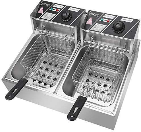 Commercial Electric Double Deep Fat Fryer - 5000W Stainless Steel Countertop Chip Fryer with Basket & Lid - Ideal for Home, Kitchen, Restaurant