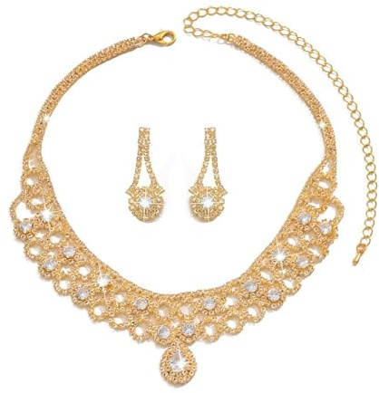 XFSRG Luxus Kristall Schmuckset Collier Ohrringe Brautschmuck Hochzeit Elegant Glänzend Strass Halskette Ohrstecker Damen Jubiläum
