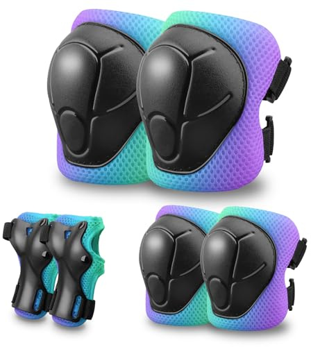 Kids Protective Gear Set Knee Pads for Kids 3-14 Years Toddler Knee and Elbow Pads with Wrist Guards 3 in 1 for Skating Cycling Bike,Biking, Roller Skates, Scooters (Green Blue Purple, ‎S(3-8Years))