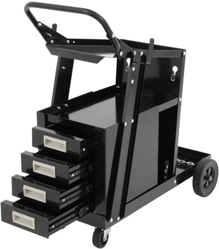 Chariot de Soudage Mobile 4 Tiroirs - 111kg Charge Max, 3 Niveaux + Plateau Inclinable, Roues 360° et Chaînes Sécurité - pour Poste à Souder MIG/MAG, Découpeur Plasma, Atelier