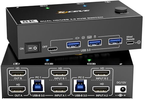 KVM Switch 2 Monitors 2 Computers 𝟖𝐊@𝟔𝟎𝐇𝐳 𝟒𝐊@𝟏𝟒𝟒𝐇𝐳, Dual Monitor HDMI2.1 KVM Switch 2 Computers Sharing 2 Monitors and 4 USB3.0 Devices, with Power Adapter, Wired Remote and 2 USB Cables