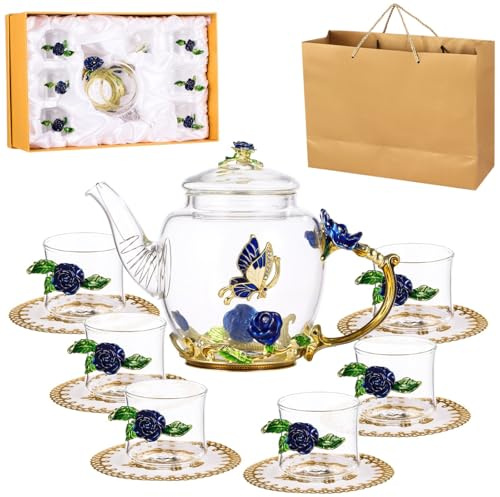 Service à thé 7 pièces en verre floral avec dessous de verre, théière et tasse élégants, comprend un coffret cadeau pour adultes