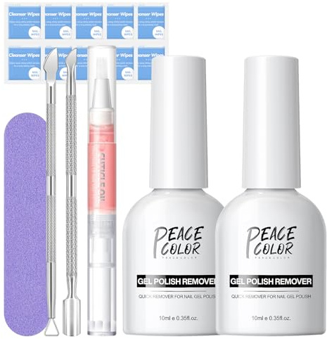 PEACECOLOR 16PCS Gel Nail Polish Remover Kit: 2*10 ml Gel Remover with Nail File Nail Polish Scraper Cleanser Wipes Cuticle Oil for 3-5 Minutes Easy & Quick Removal Nail Not Hurt Nail Salon Home Use