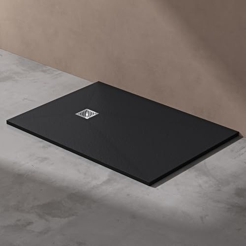 doporro Duschwanne Duschtasse 80x120x3cm aus Mineralguss in Anthrazit | Rechteckig Duschwanne für bodenebene Montage mit DIN-Anschlüssen – stabil & pflegeleicht für moderne Duschen Geoma09