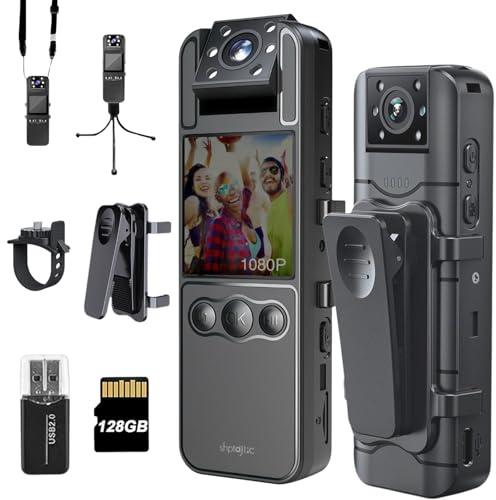 TOSBARRFT 128GB Bodycam mit 180°Drehlinse, Sportkamera mit 6 Stunden Akku, Nachtvision, tragbare Kamera für Haustiere, Büro, Sicherheitsarbeit Polizeistrafverfolgung (H82-1080P-128G)