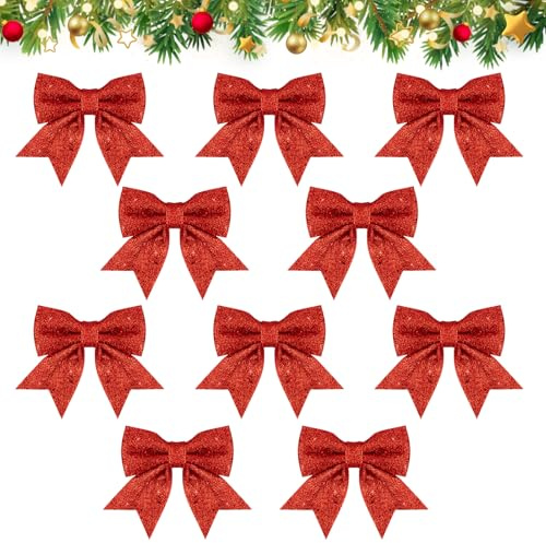 MELLIEX 10 Stück Weihnachtsschleifen Glitzer Weihnachten Schleife Bogen Dekoration Weihnachtsdeko für Weihnachtsbaumschmuck Weihnachtskranzdeko - Rot
