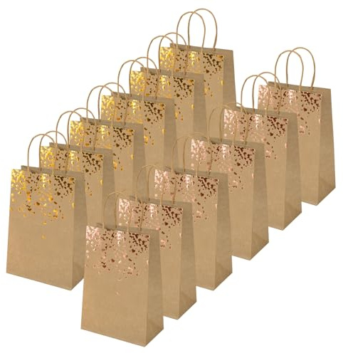 12PCS Geschenktüten aus Kraftpapier Papiertüten mit Henkel, Bronzing Kraft Tasche mit Herz Verzierung, Party Geschenk Papiertüten Gift Bag Mitgebseltüten für Geburtstag Hochzeiten Feiern Weihnachten